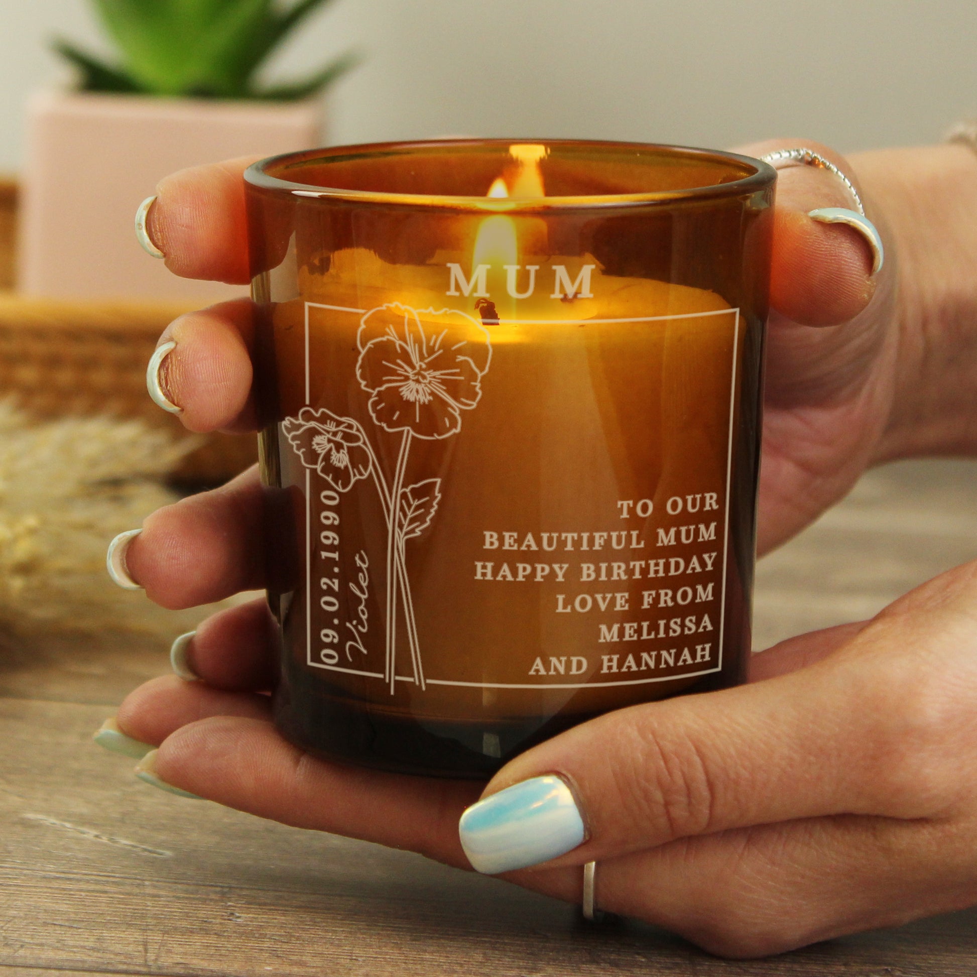 Personalised February Birth Flower Amber Glass Candle - image 4