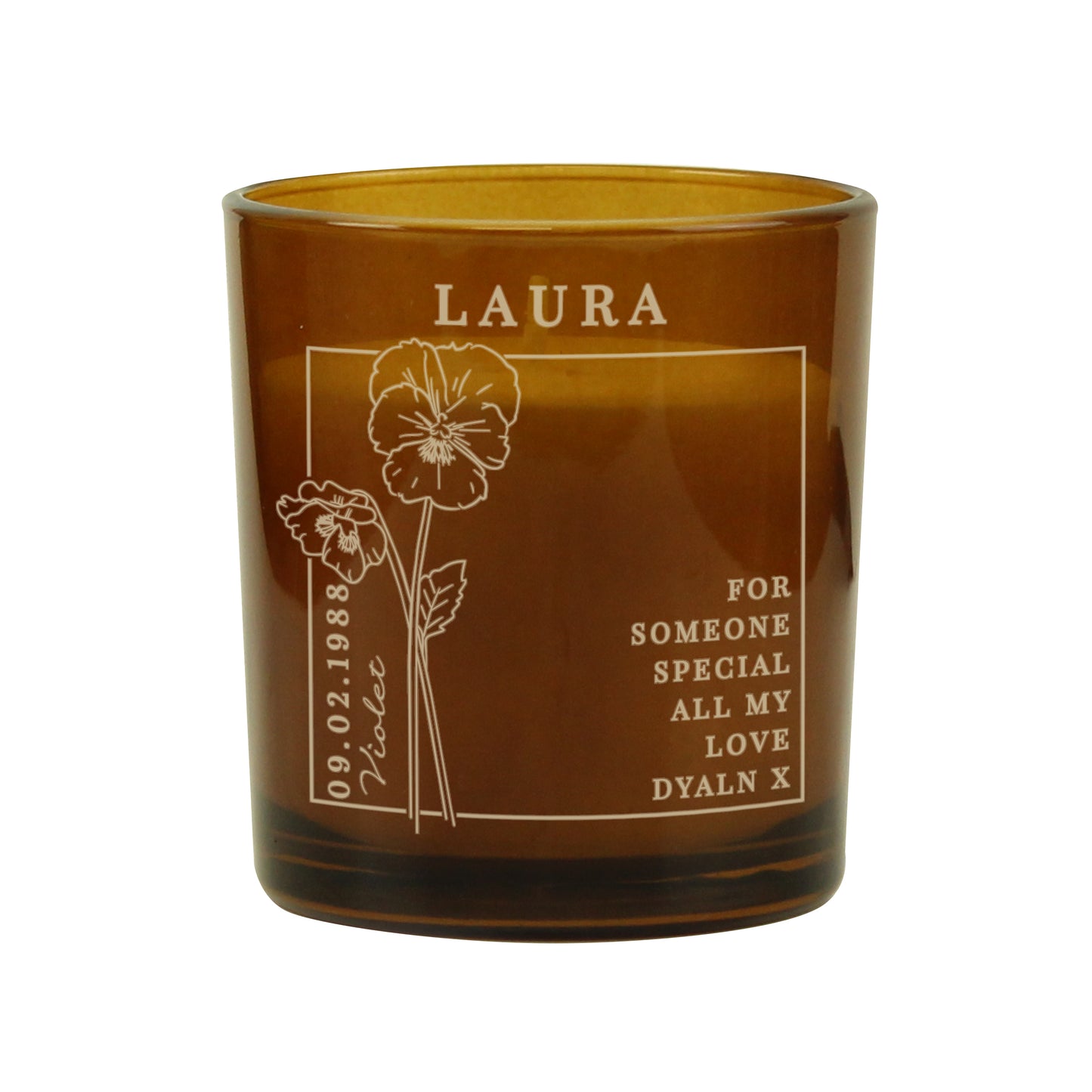 Personalised February Birth Flower Amber Glass Candle - image 5