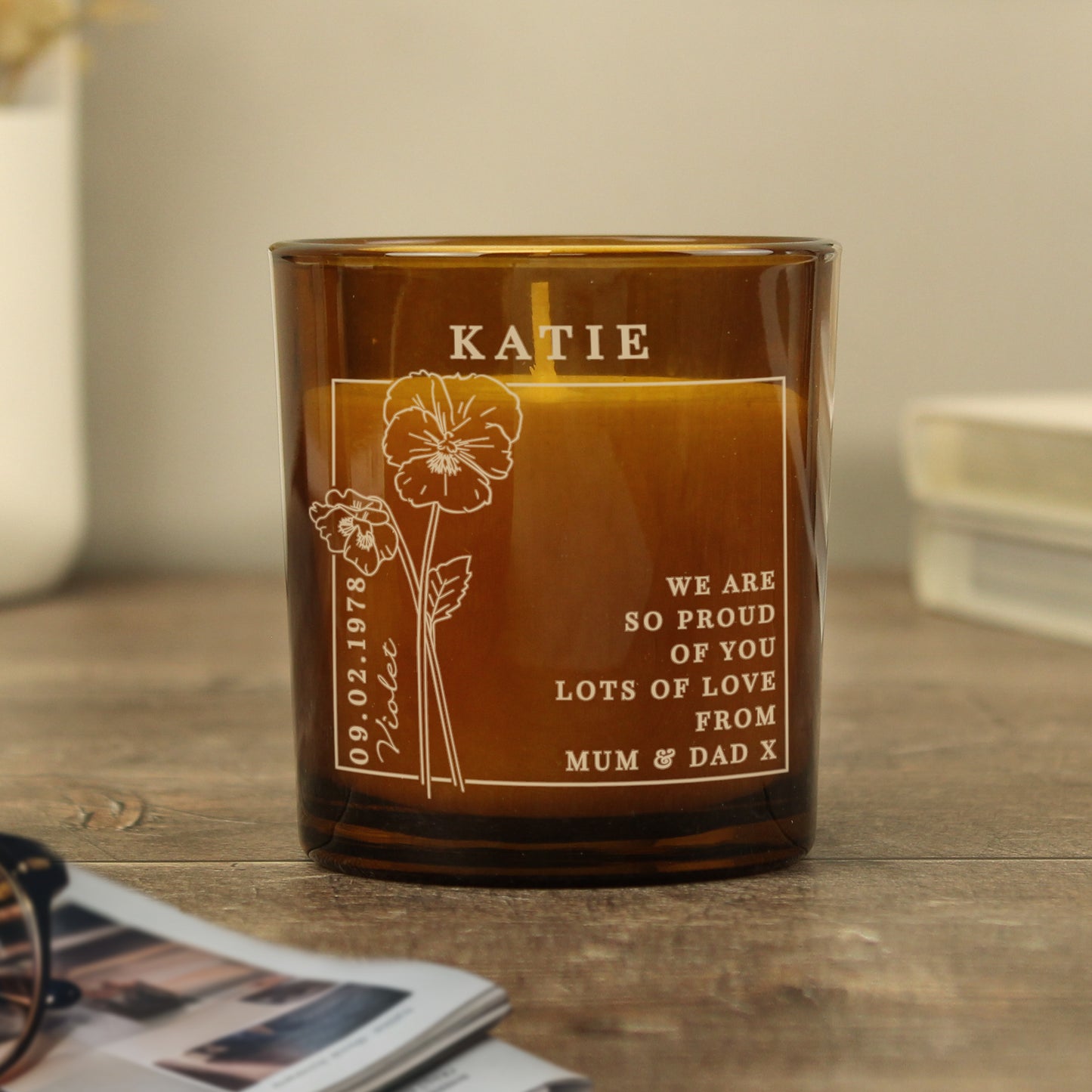 Personalised February Birth Flower Amber Glass Candle - image 6