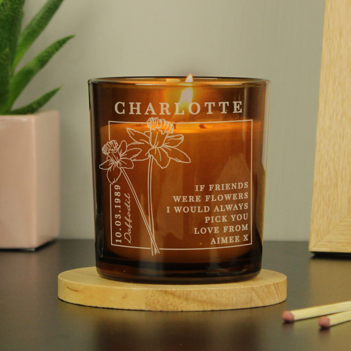 Personalised March Birth Flower Amber Glass Candle from Heartfelt Gifts