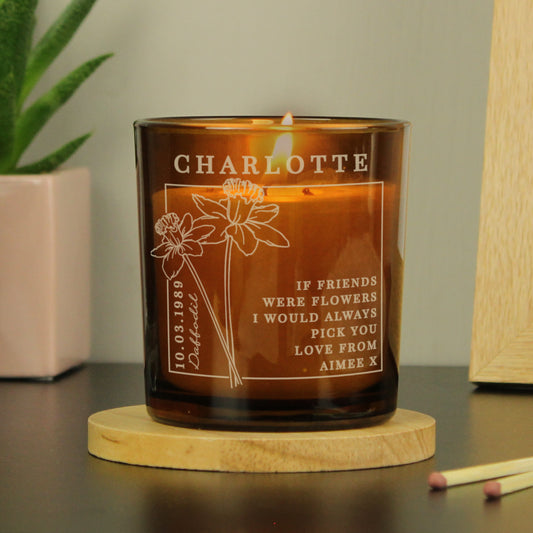 Personalised March Birth Flower Amber Glass Candle from Heartfelt Gifts