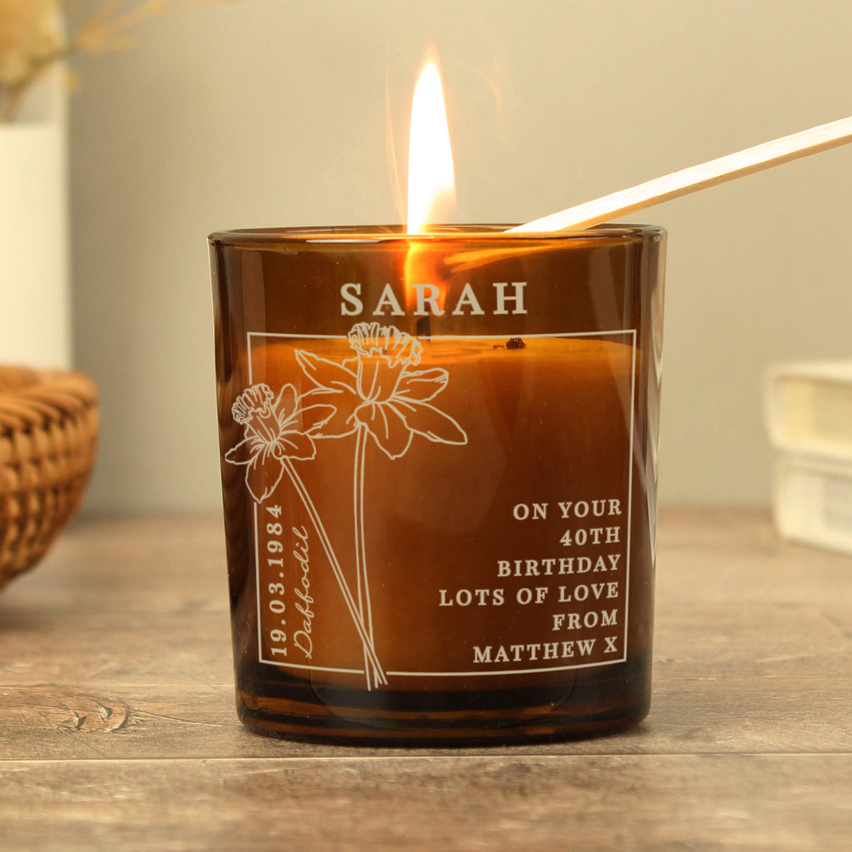 Personalised March Birth Flower Amber Glass Candle - image 3