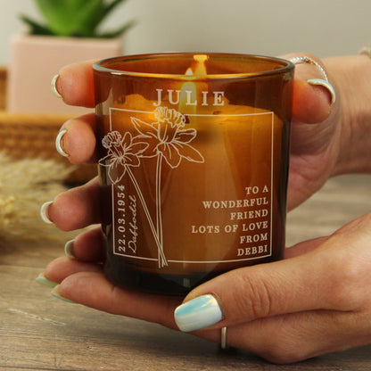 Personalised March Birth Flower Amber Glass Candle - image 4