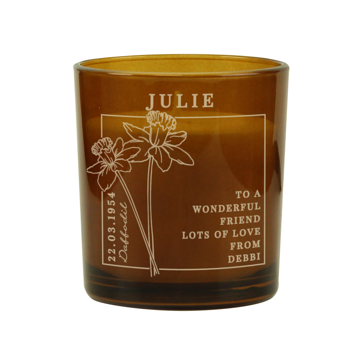Personalised March Birth Flower Amber Glass Candle - image 5