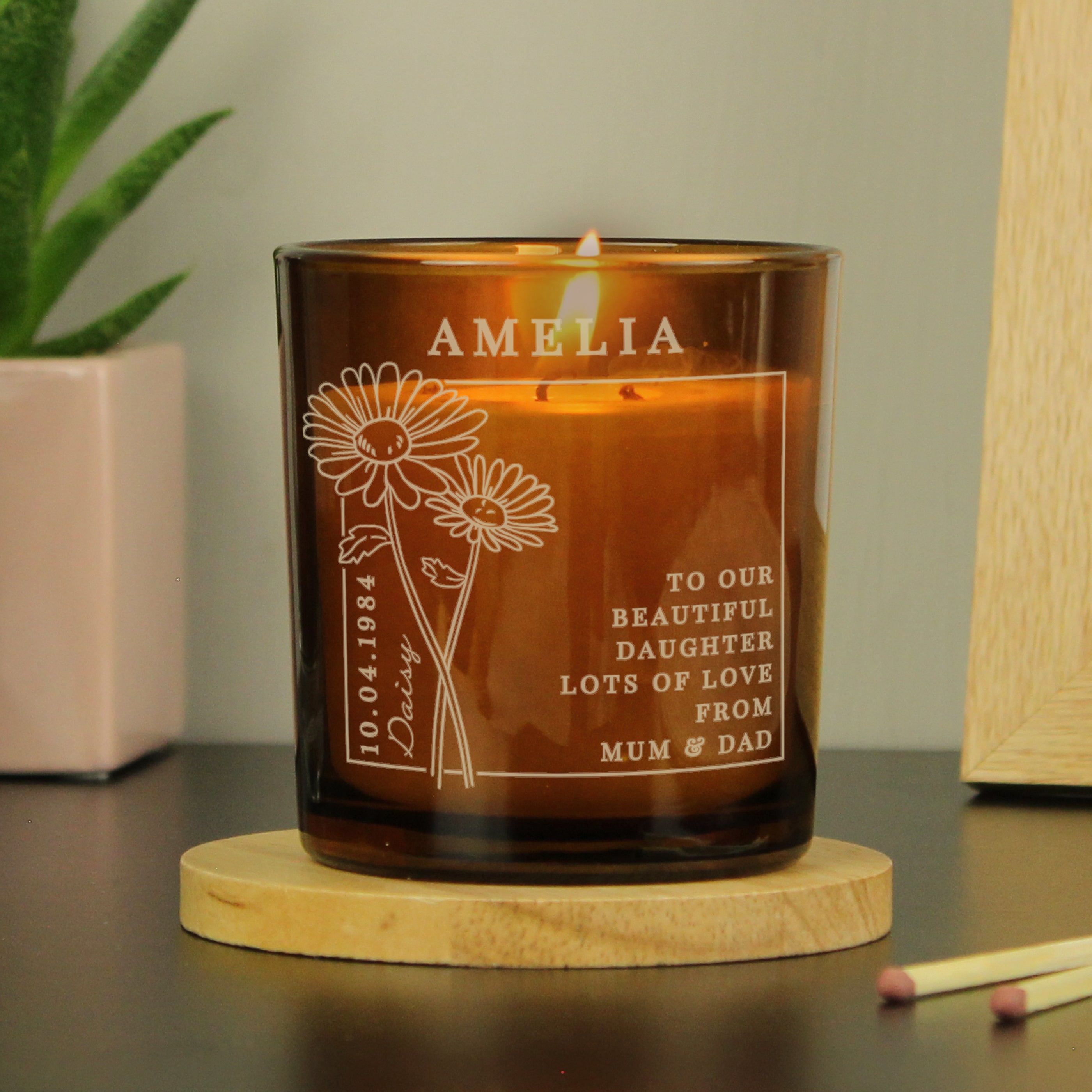Personalised April Birth Flower Amber Glass Candle from Heartfelt Gifts