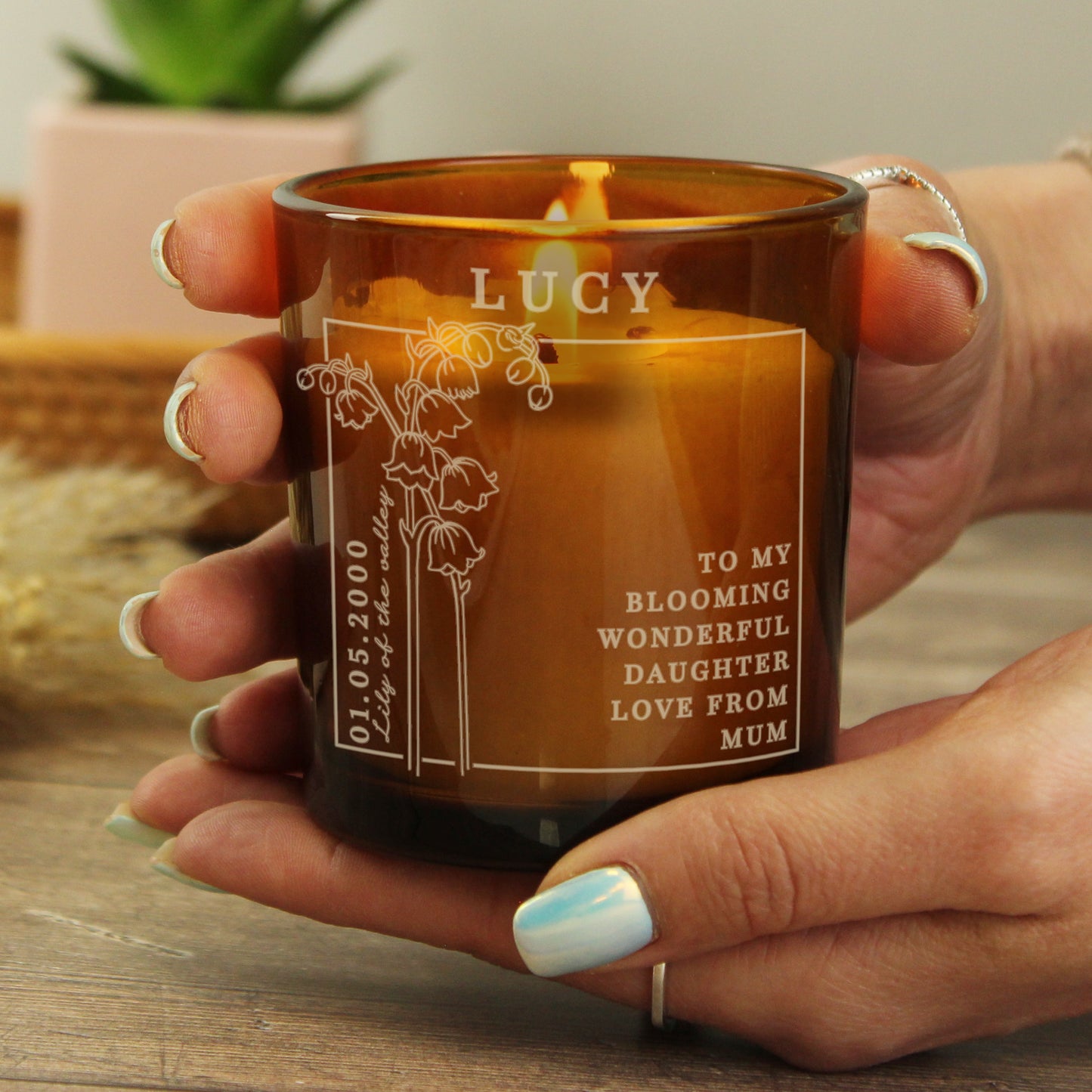 Personalised May Birth Flower Amber Glass Candle - image 4