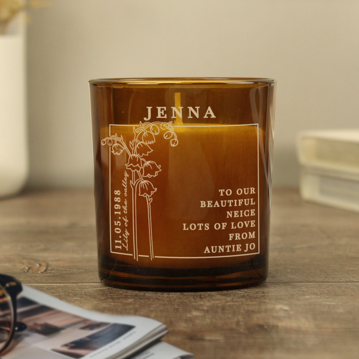 Personalised May Birth Flower Amber Glass Candle - image 6