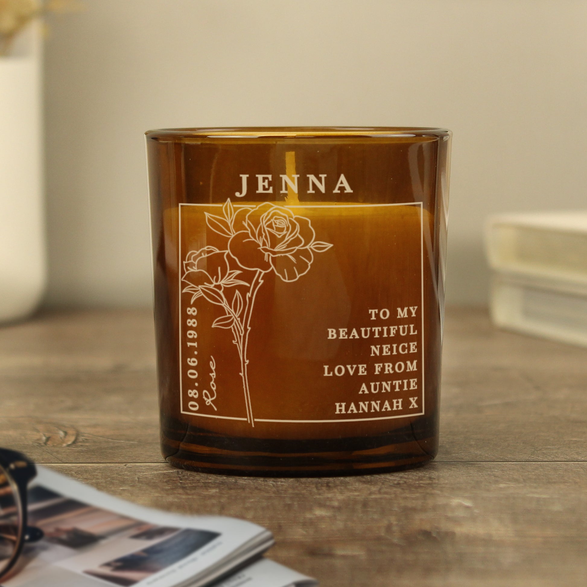 Personalised June Birth Flower Amber Glass Candle - image 6