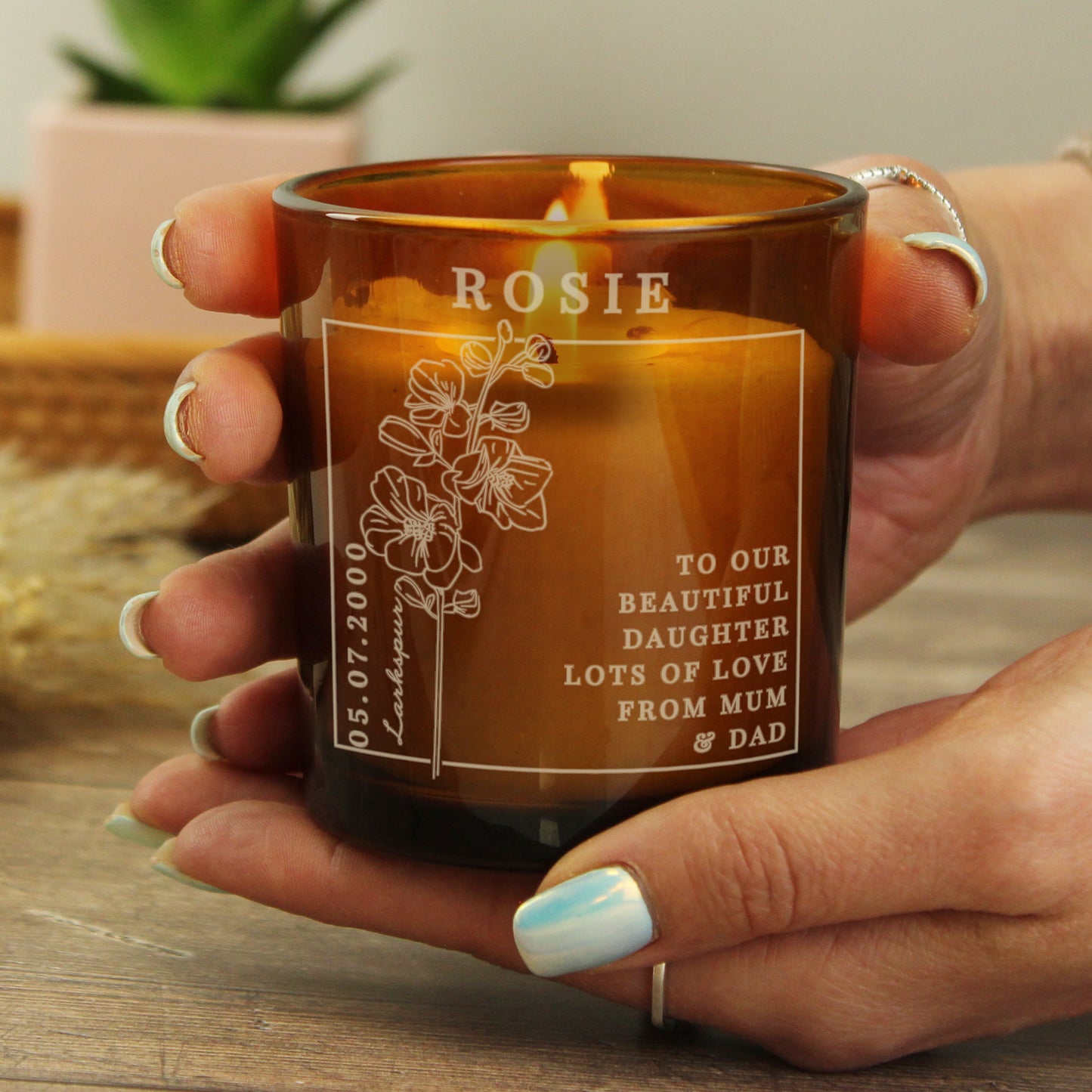 Personalised July Birth Flower Amber Glass Candle - image 4