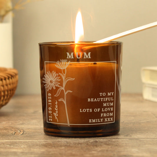 Personalised September Birth Flower Amber Glass Candle - image 3