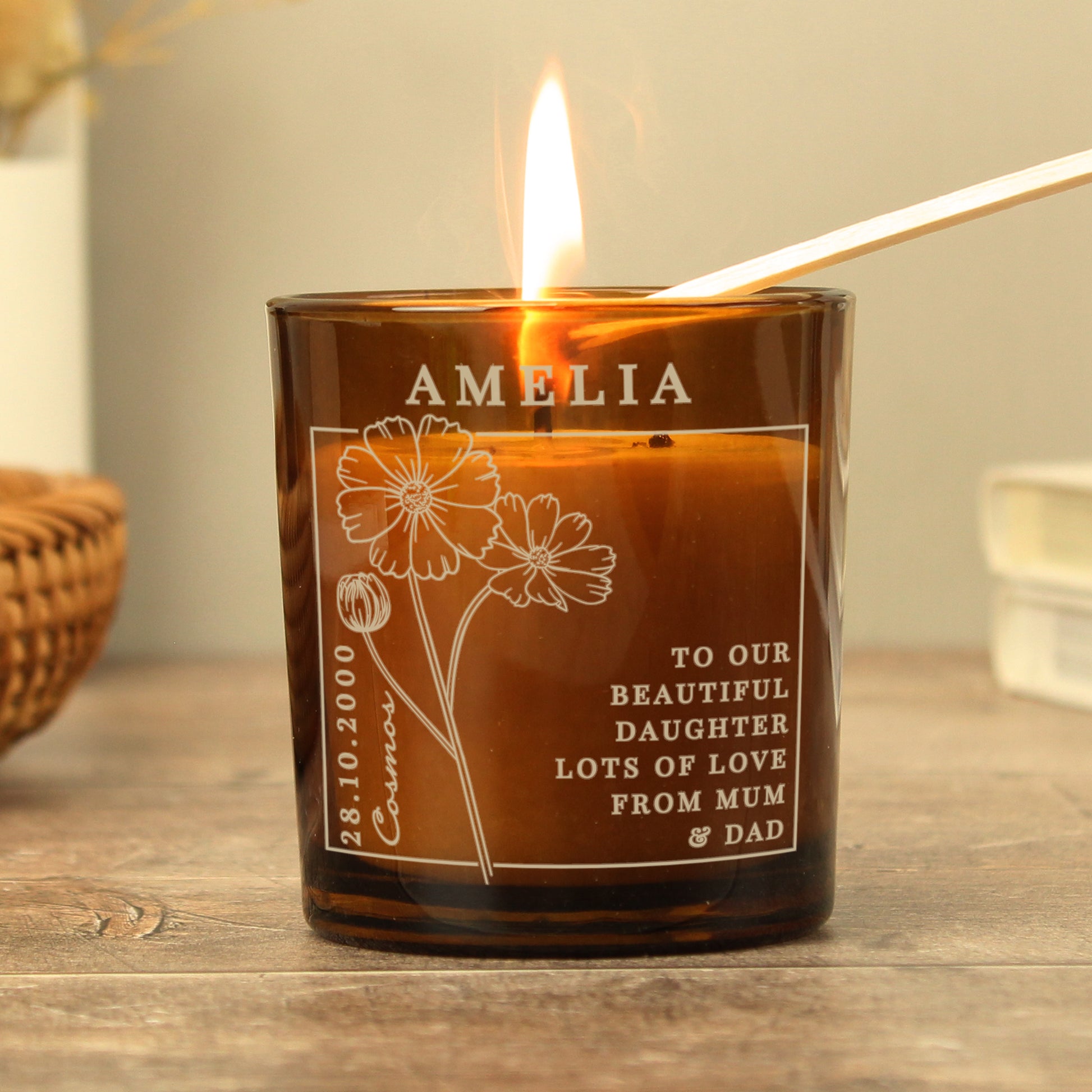 Personalised October Birth Flower Amber Glass Candle - image 3