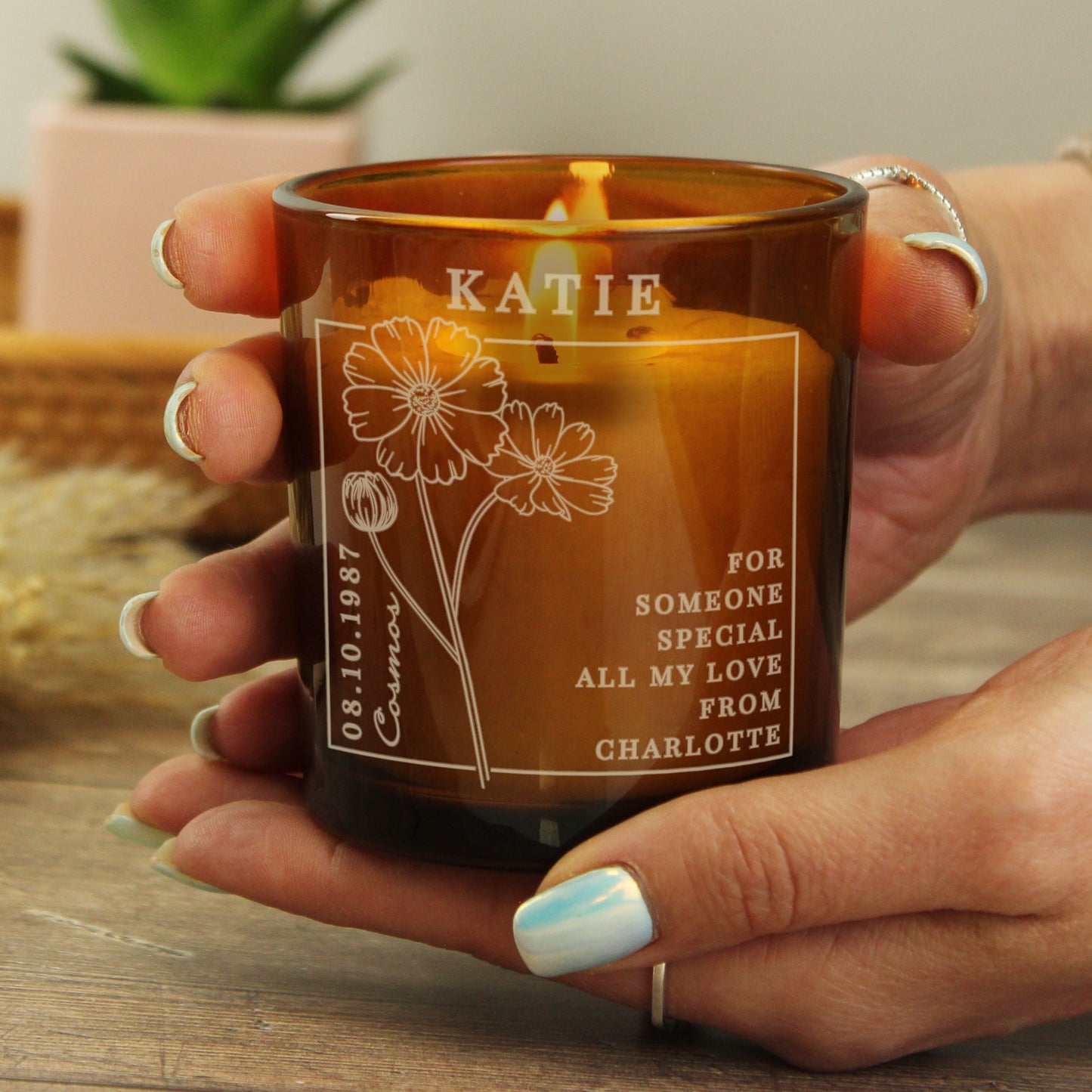 Personalised October Birth Flower Amber Glass Candle - image 4