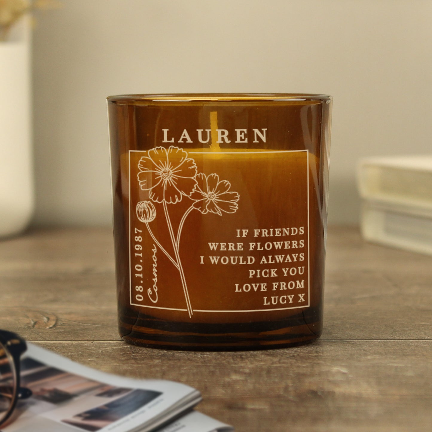 Personalised October Birth Flower Amber Glass Candle - image 6