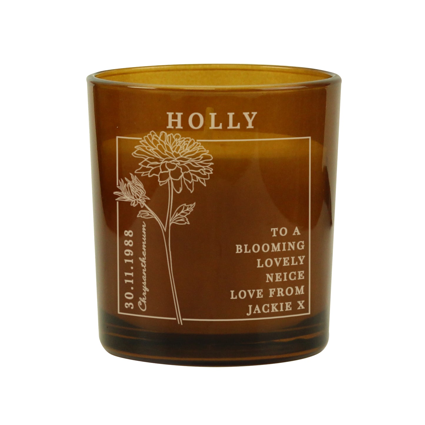 Personalised November Birth Flower Amber Glass Candle - image 5