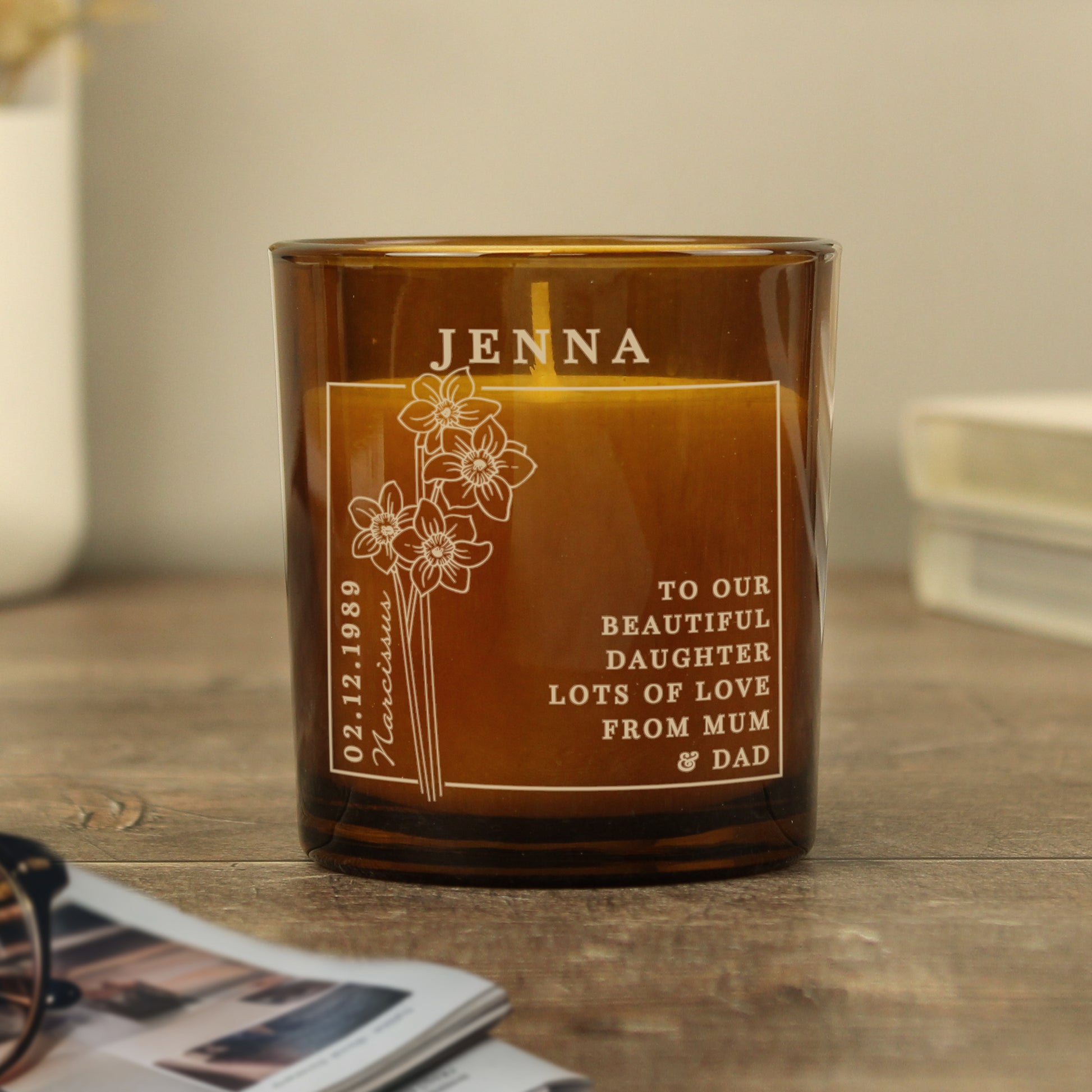 Personalised December Birth Flower Amber Glass Candle - image 7