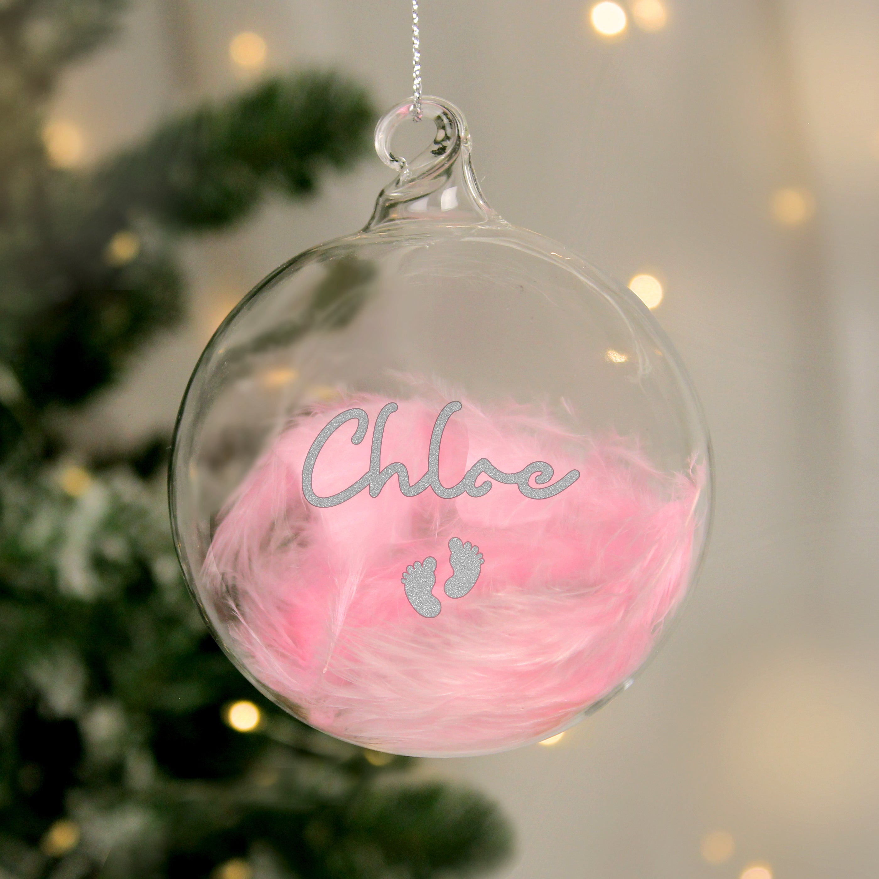 Personalised Pink Feather Silver Footprints Glass Bauble from Heartfelt Gifts