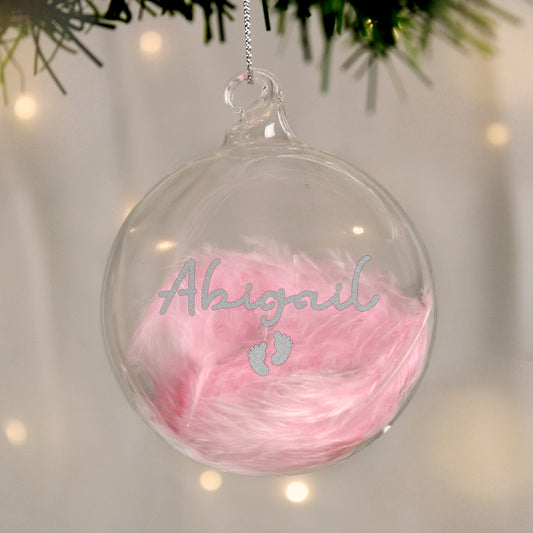 Personalised Pink Feather Silver Footprints Glass Bauble - image 3