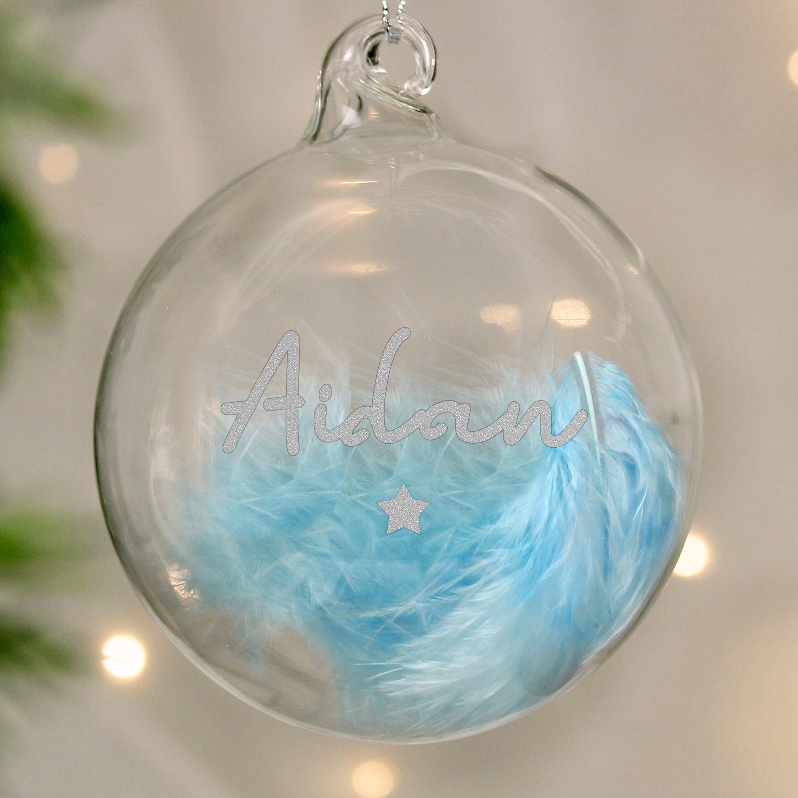 Personalised Blue Feather Silver Star Glass Bauble from Heartfelt Gifts