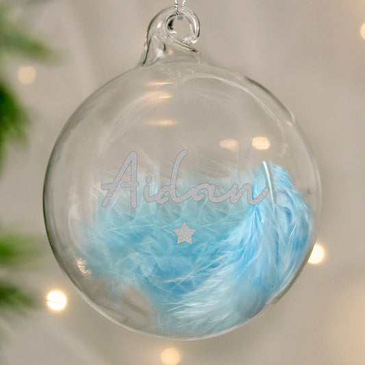 Personalised Blue Feather Silver Star Glass Bauble from Heartfelt Gifts
