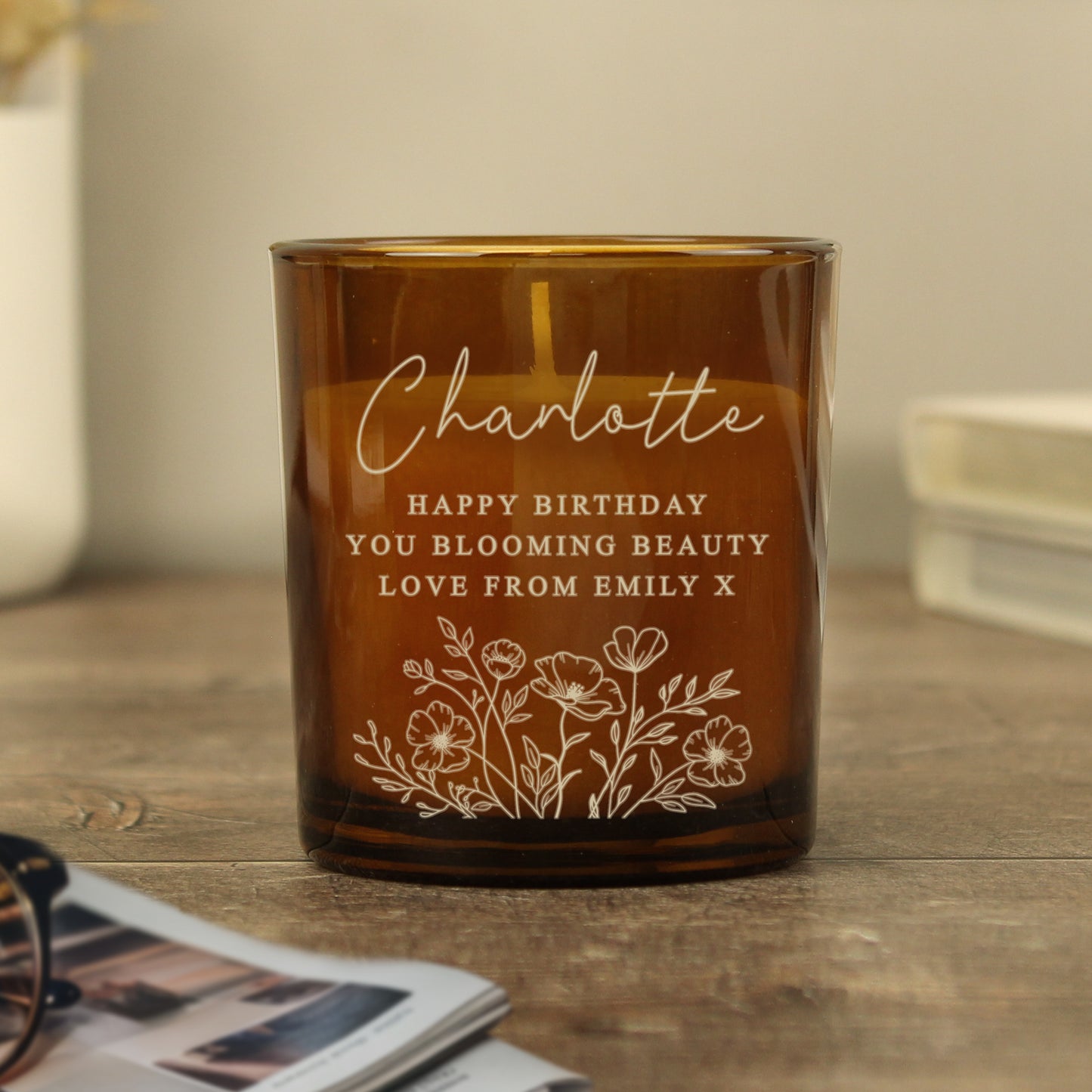 Personalised Wild Flowers Amber Glass Candle from Heartfelt Gifts