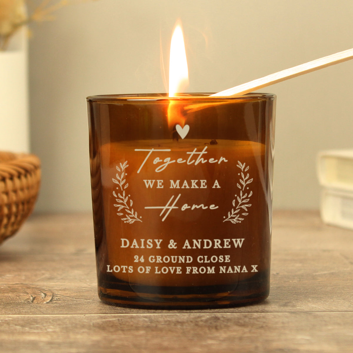 Personalised Engraved Home Amber Glass Candle from Heartfelt Gifts