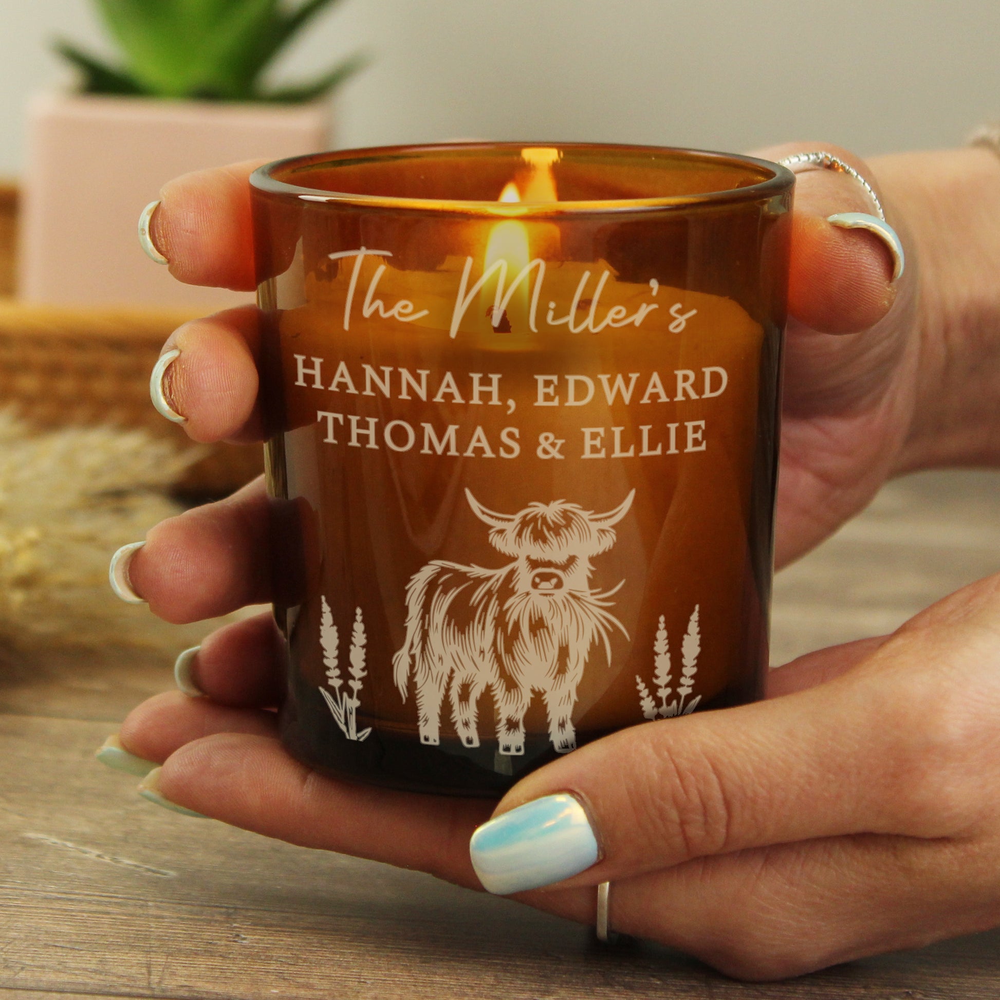 Personalised Engraved Highland Cow Amber Glass Candle - image 3