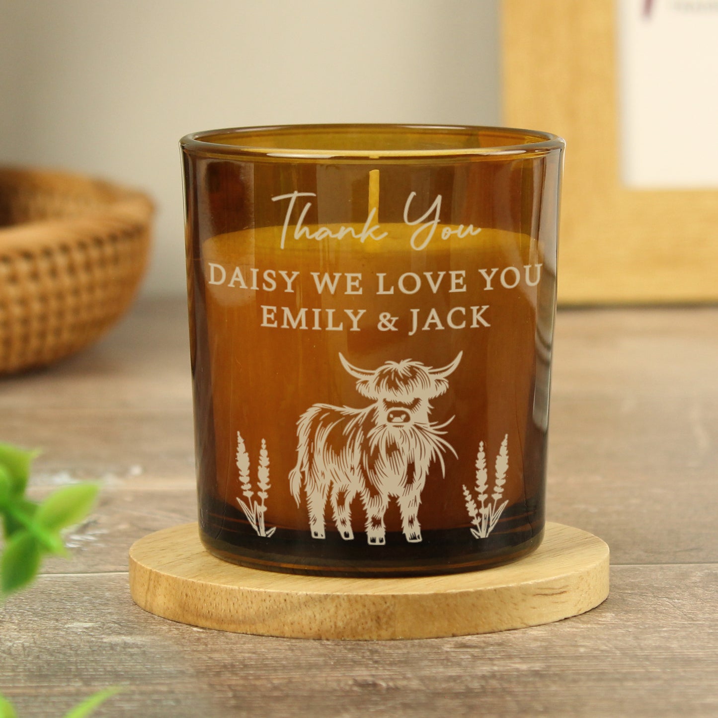 Personalised Engraved Highland Cow Amber Glass Candle - image 4