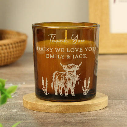 Personalised Engraved Highland Cow Amber Glass Candle - image 4