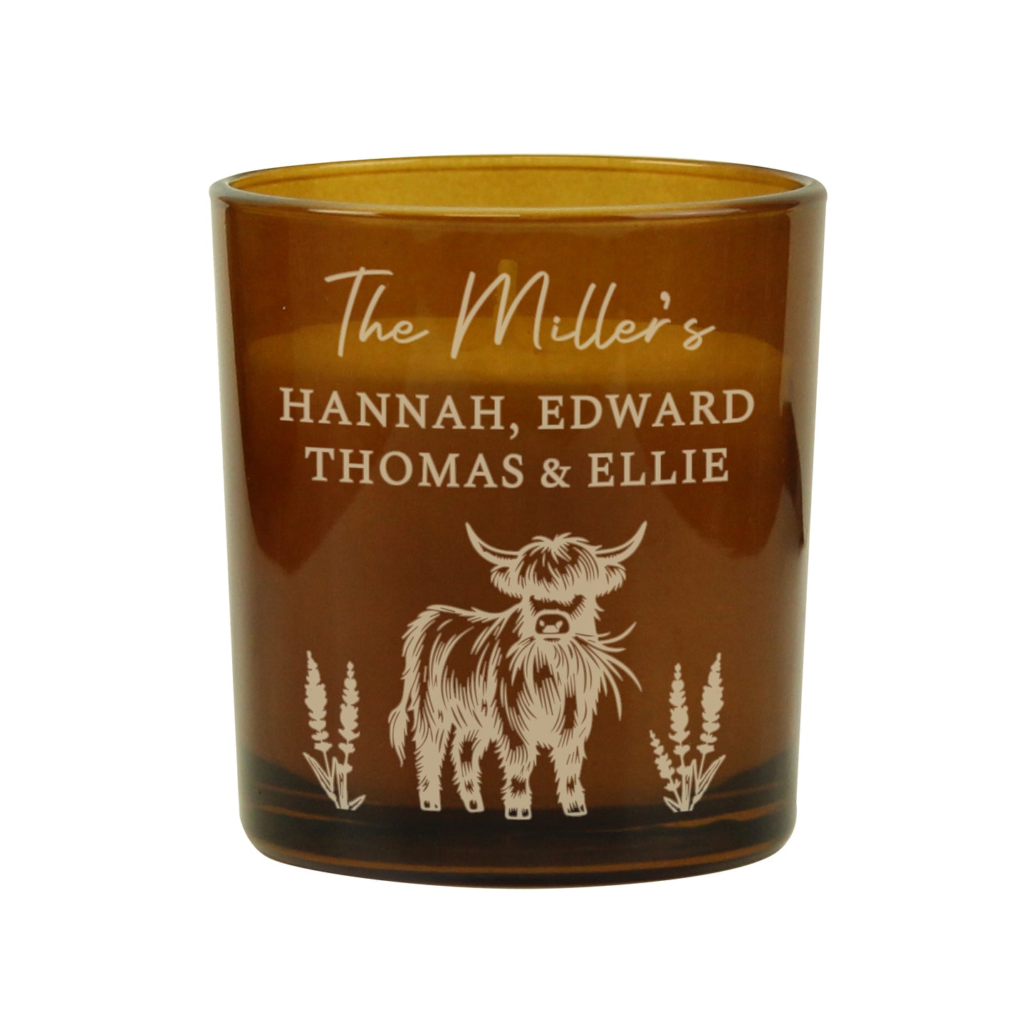 Personalised Engraved Highland Cow Amber Glass Candle - image 5
