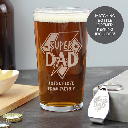 Personalised Super Dad Pint Glass and Bottle Opener Set – Father's Day Gift