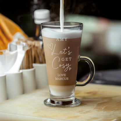 Personalised Get Cosy Latte Glass – Cosy Coffee Birthday Seasonal Gift