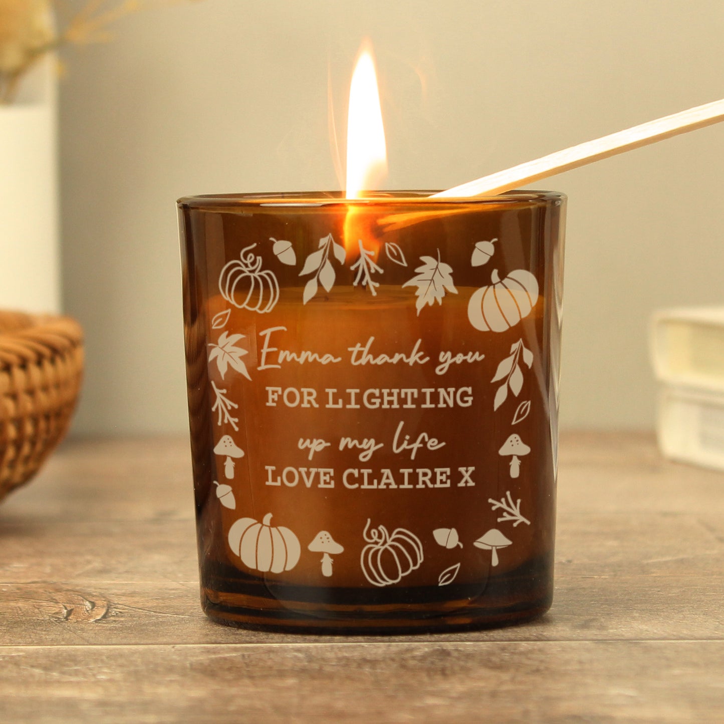 Personalised Pumpkins Amber Glass Vanilla Candle – Autumn Seasonal Scented Gift