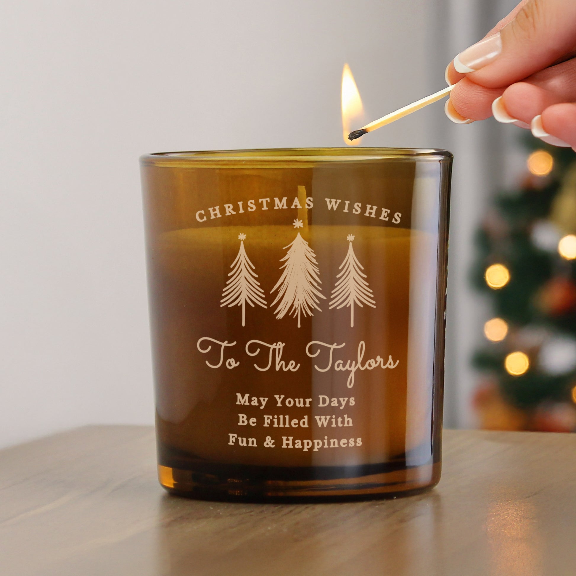 Personalised Christmas Tree Amber Glass Candle – Christmas Gift - image 3