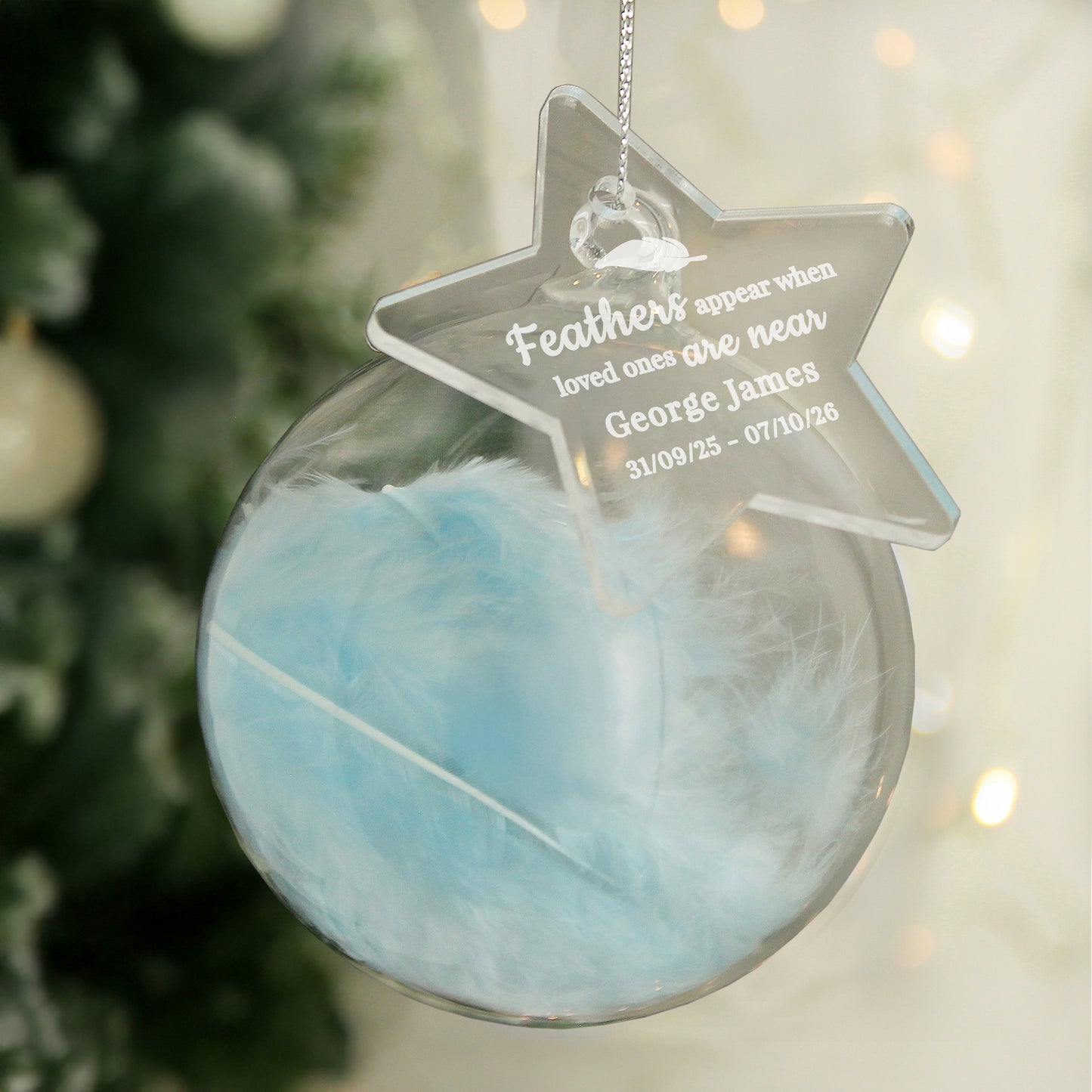 Personalised Blue Memorial Feather Glass Bauble – Bereavement Christmas Gift