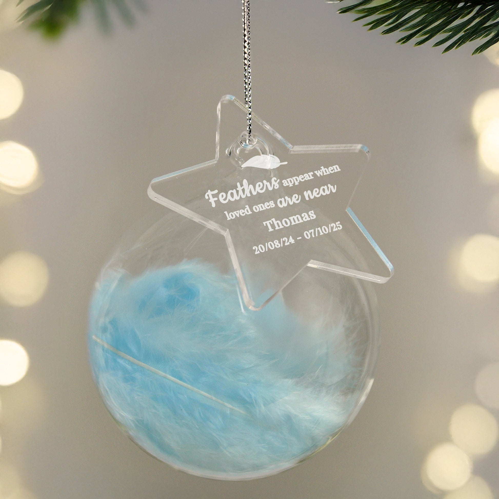 Personalised Blue Memorial Feather Glass Bauble – Bereavement Christmas Gift - image 2