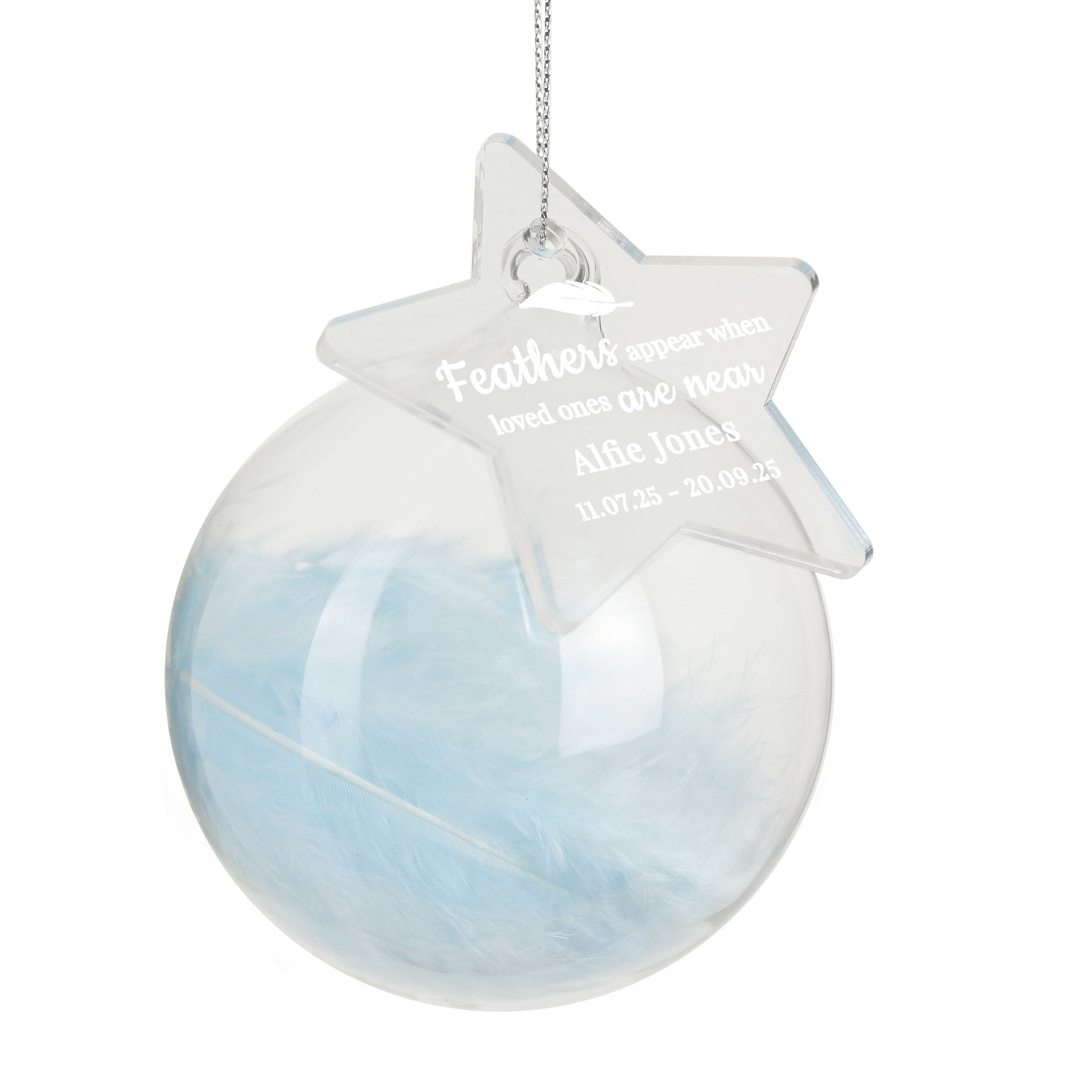 Personalised Blue Memorial Feather Glass Bauble – Bereavement Christmas Gift - image 4
