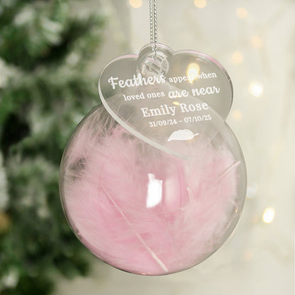 Personalised Pink Memorial Feather Glass Bauble – Bereavement Christmas Gift