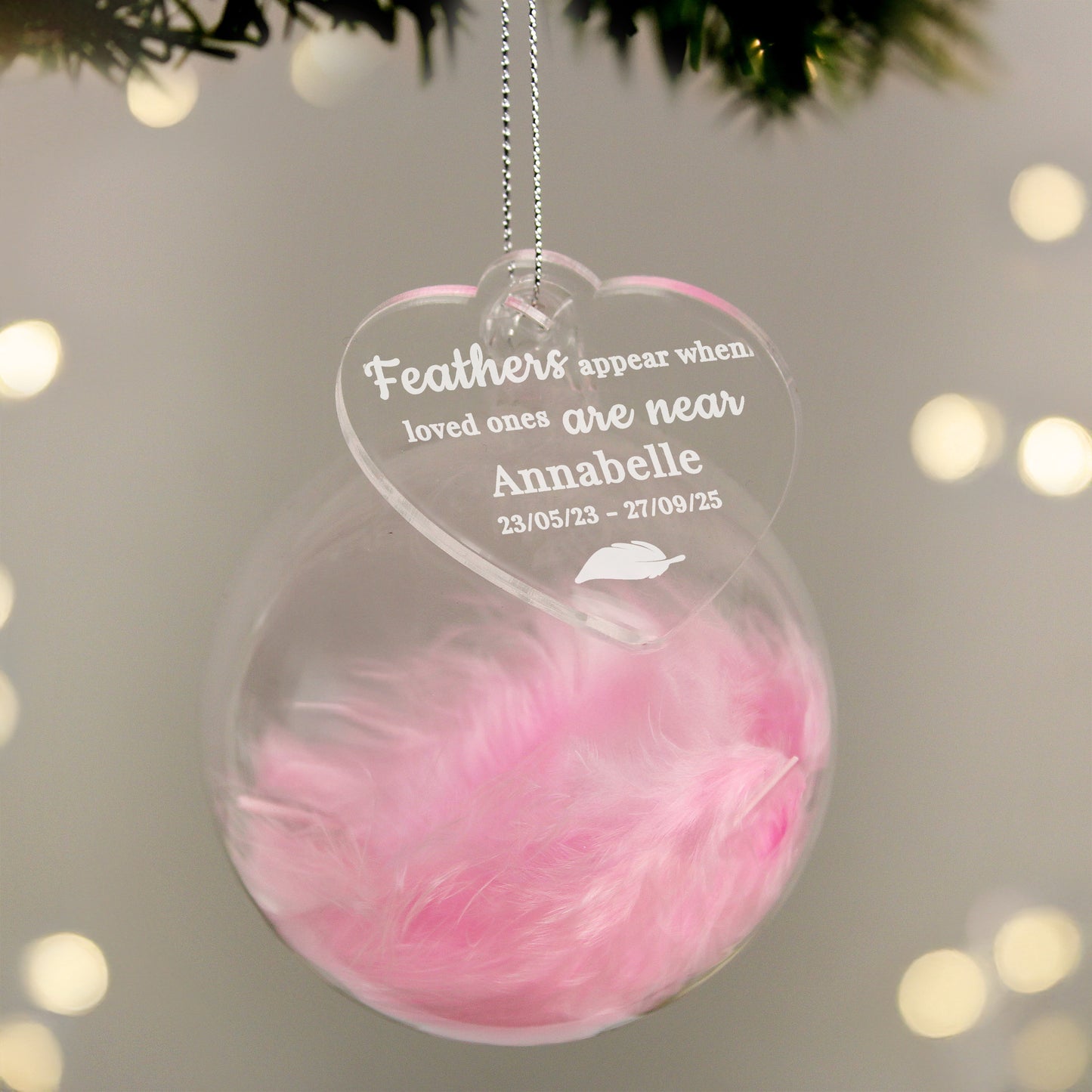 Personalised Pink Memorial Feather Glass Bauble – Bereavement Christmas Gift - image 2