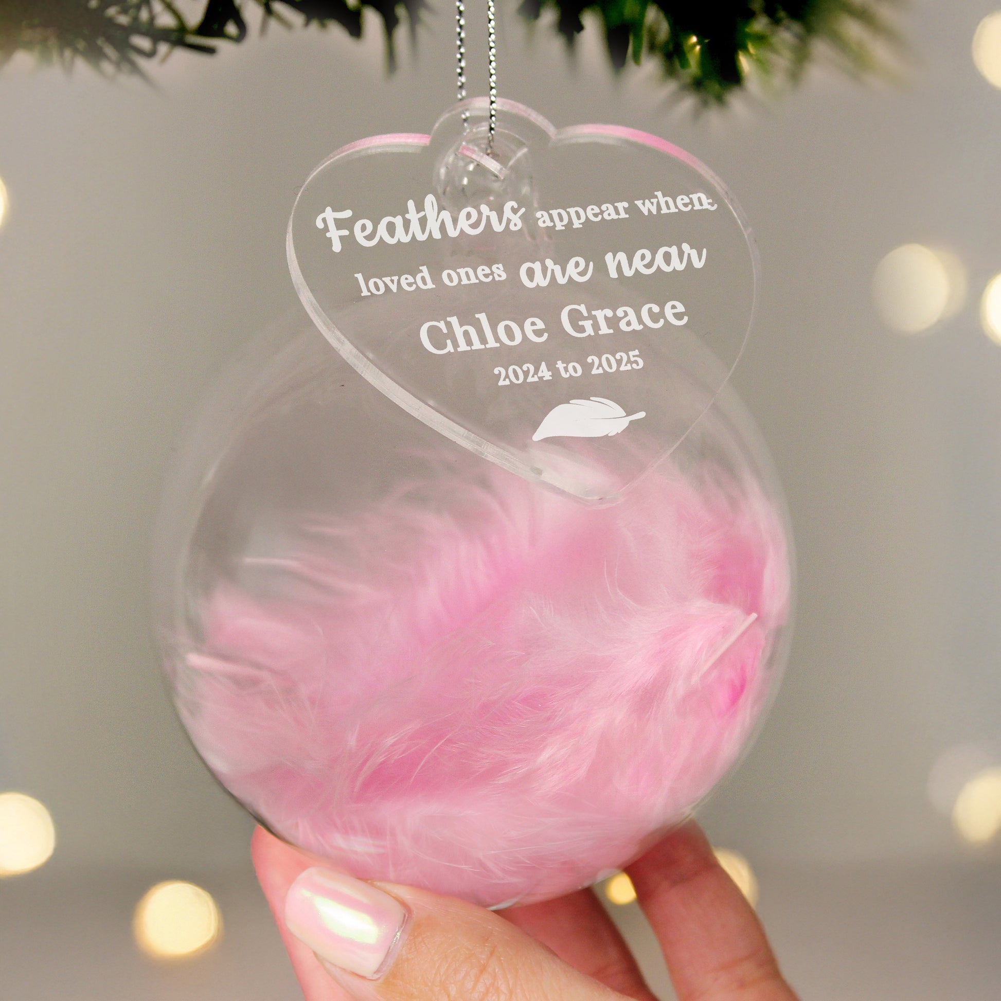 Personalised Pink Memorial Feather Glass Bauble – Bereavement Christmas Gift - image 3