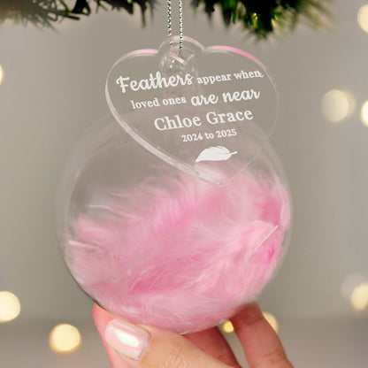 Personalised Pink Memorial Feather Glass Bauble – Bereavement Christmas Gift - image 3