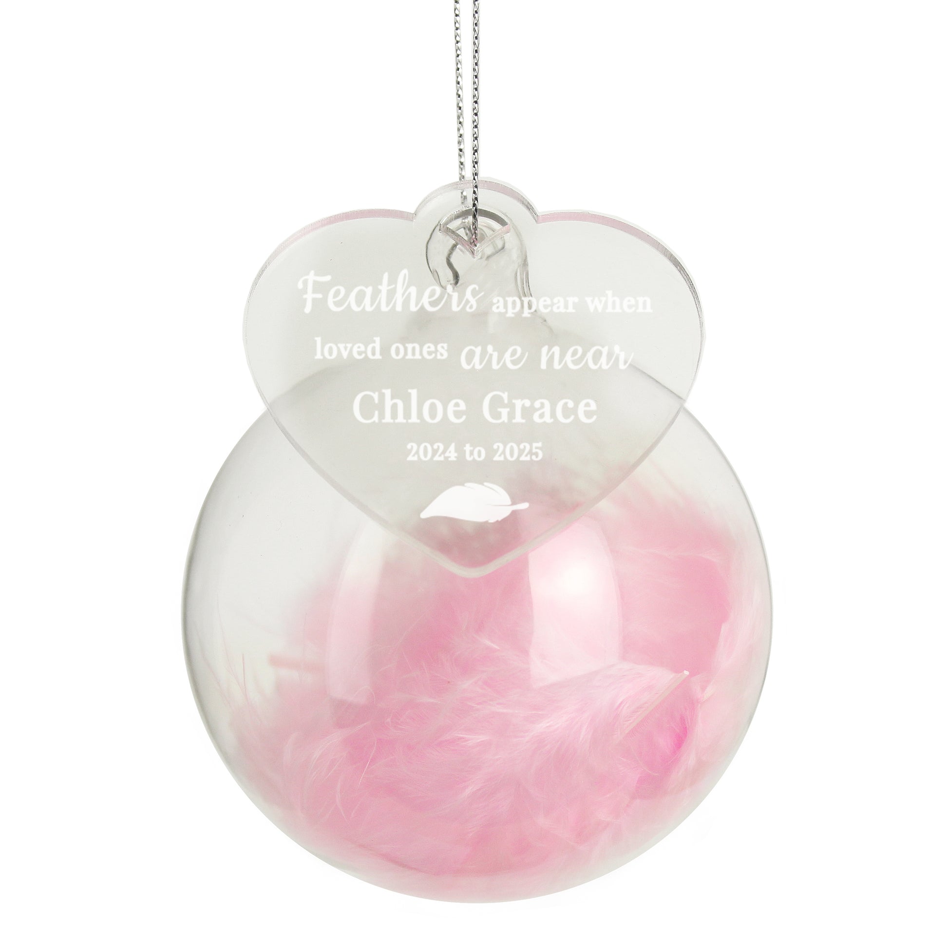 Personalised Pink Memorial Feather Glass Bauble – Bereavement Christmas Gift - image 4