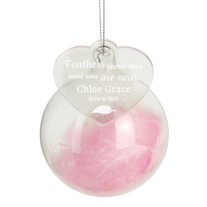 Personalised Pink Memorial Feather Glass Bauble – Bereavement Christmas Gift - image 4
