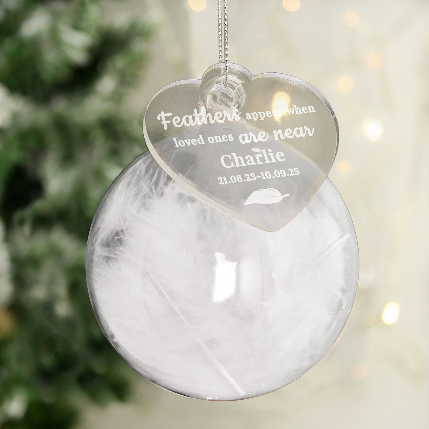 Personalised White Memorial Feather Glass Bauble – Bereavement Christmas Gift