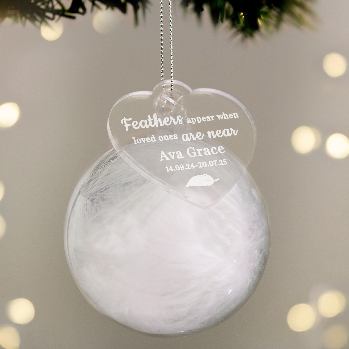 Personalised White Memorial Feather Glass Bauble – Bereavement Christmas Gift - image 2