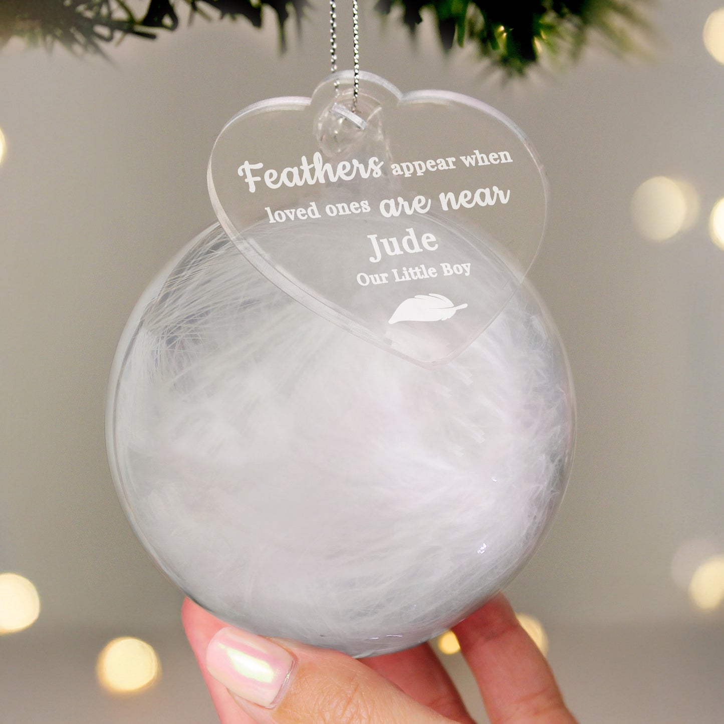 Personalised White Memorial Feather Glass Bauble – Bereavement Christmas Gift - image 3