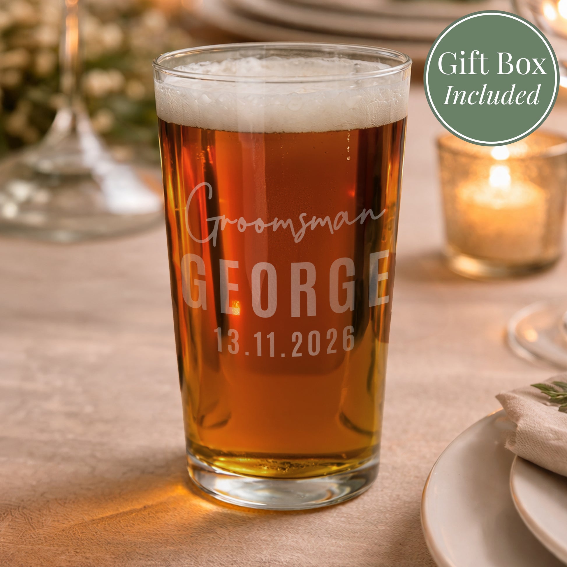 Personalised Groomsman Elegant Pint Glass from Heartfelt Gifts