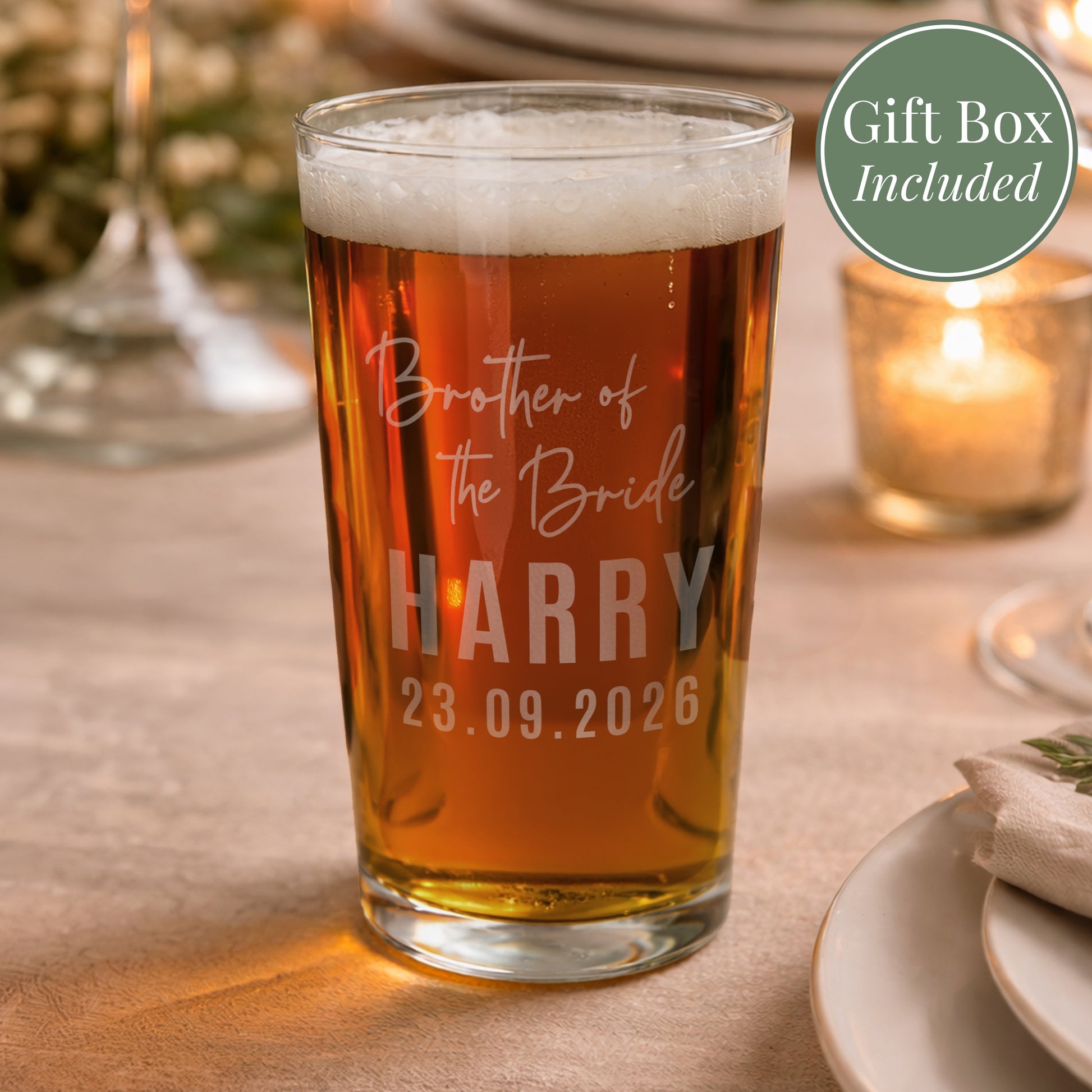 Personalised Brother of the Bride Elegant Pint Glass from Heartfelt Gifts