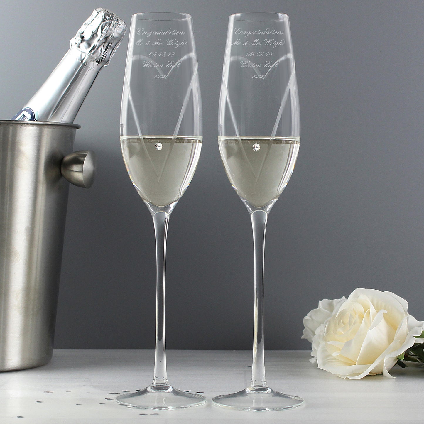 Personalised Hand Cut Heart Pair of Flutes with Gift Box from Heartfelt Gifts