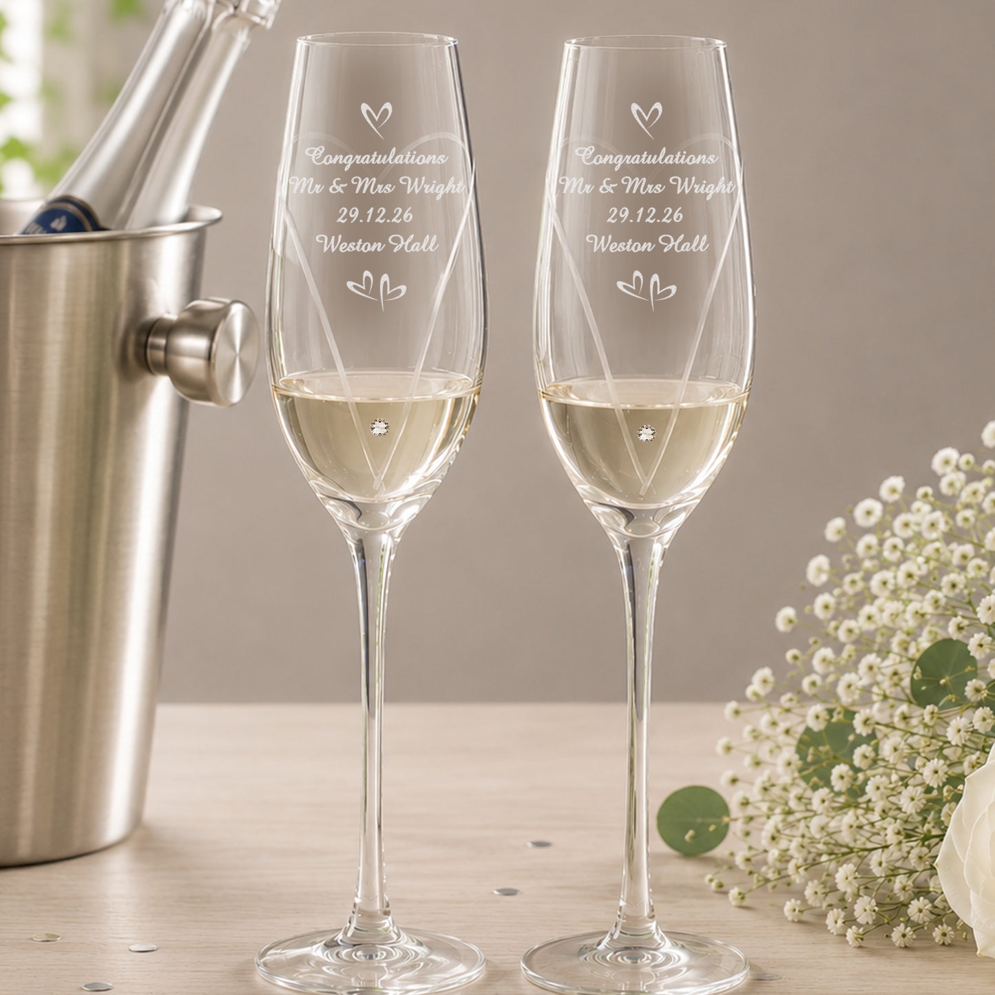 Personalised Hand Cut Little Hearts Pair of Flutes with Gift Box from Heartfelt Gifts