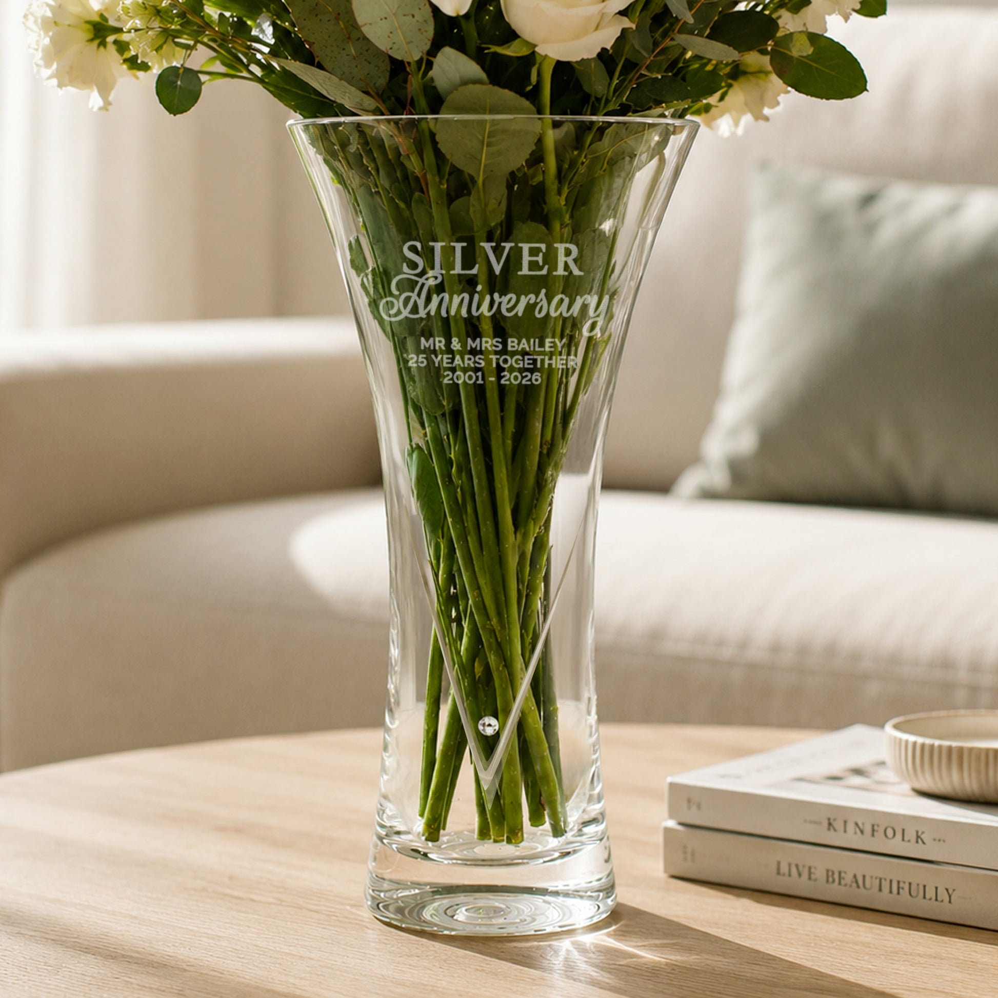 Personalised Silver Anniversary Large Hand Cut Diamante Heart Vase from Heartfelt Gifts